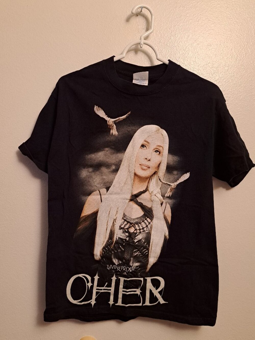 Vintage 2002-2003 Cher "Living Proof: The Farewell Tour" black graphic t-shirt.